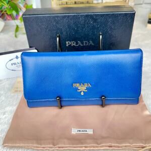 Prada Long Wallet Blue Saffiano Leather NICE Used with box Cute!